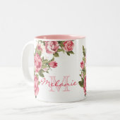  blauwe roze rozen Peonies name, monogram Tweekleurige Koffiemok (Voorkant links)