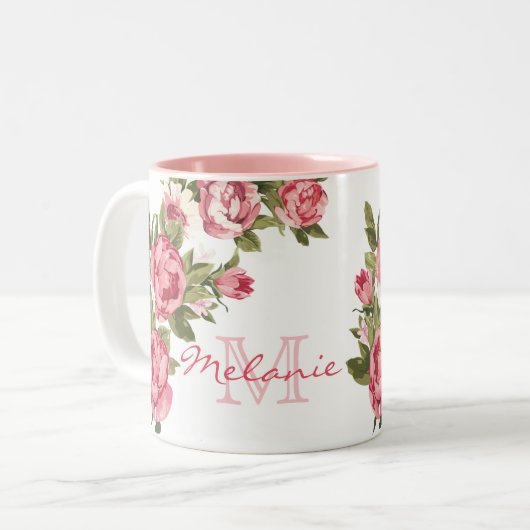  blauwe roze rozen Peonies name, monogram Tweekleurige Koffiemok (Voorkant links)