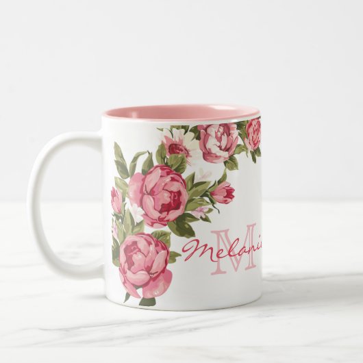  blauwe roze rozen Peonies name, monogram Tweekleurige Koffiemok (Links)