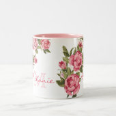  blauwe roze rozen Peonies name, monogram Tweekleurige Koffiemok (Center)