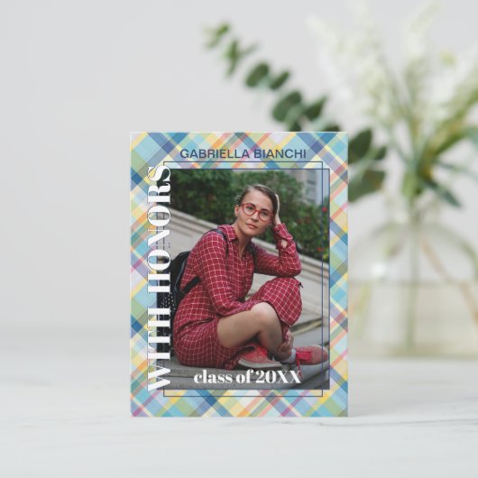 Blauwe roze Tartan Afstuderen Aankondiging Briefkaart (Staand voorkant)