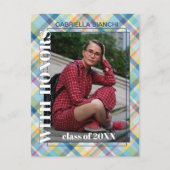 Blauwe roze Tartan Afstuderen Aankondiging Briefkaart (Voorkant)