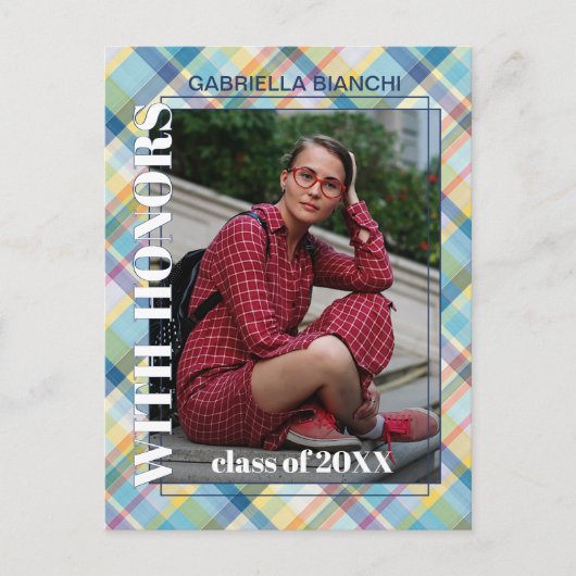 Blauwe roze Tartan Afstuderen Aankondiging Briefkaart (Voorkant)