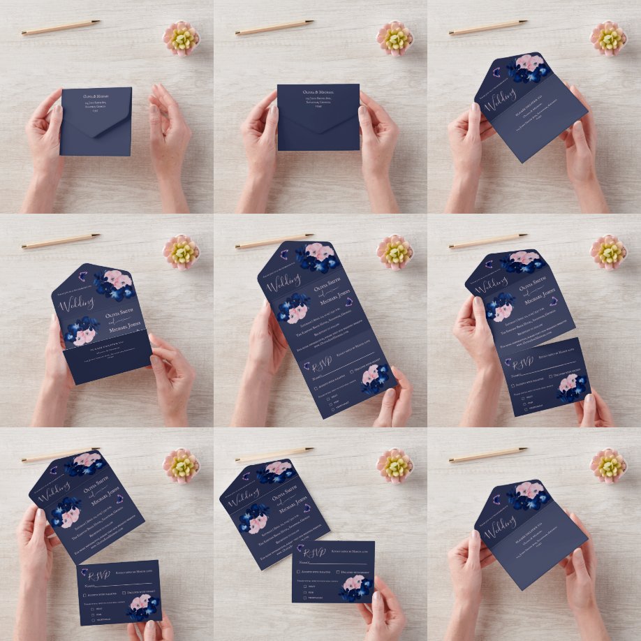 Blauwe, roze vink, alles in één bruiloft all in one uitnodiging