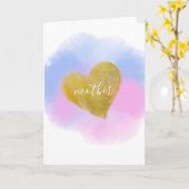 Blauwe roze Waterverf Gold Heart moeder Kaart (Gele Bloem)
