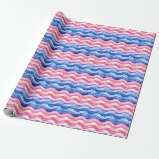 Blauwe & roze Wavy lijnen Cadeaupapier (Uitgerold)