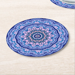 Blauwe roze witte Agate Boho Mandala Ronde Kartonnen Onderzetter