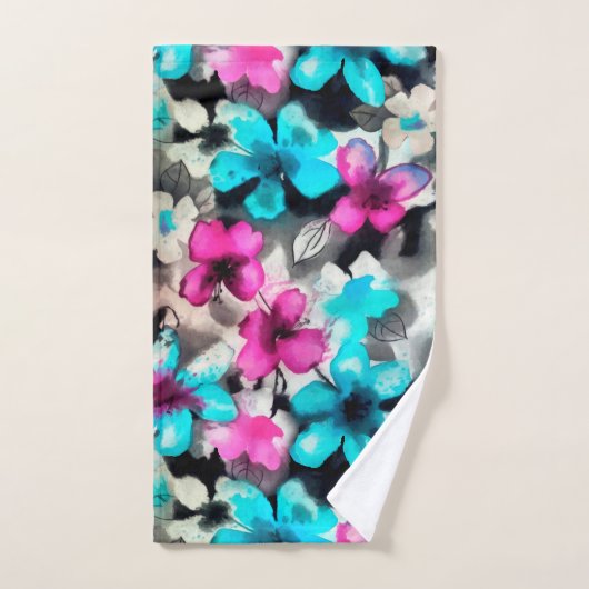 Blauwe roze witte zwarte Waterverf bloemen Bad Handdoek (Handdoek)