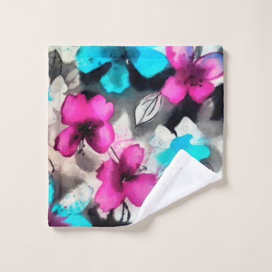 Blauwe roze witte zwarte Waterverf bloemen Bad Handdoek (Wasdoekje)