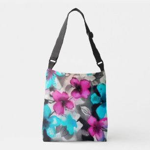 Blauwe roze witte zwarte Waterverf bloemen Crossbody Tas