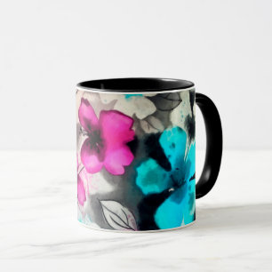 Blauwe roze witte zwarte Waterverf bloemen Mok