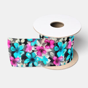 Blauwe roze witte zwarte Waterverf bloemen Satijnen Lint