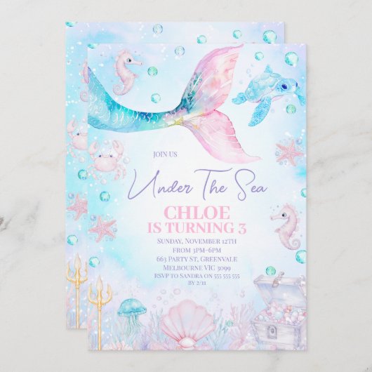Blauwe Roze Zeemeermin Staart Onder Het Zee Verjaa Kaart (Voorkant / Achterkant)