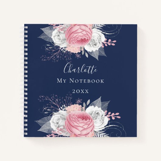 Blauwe roze zilverfoliewitte benaming notitieboek (Voorkant)