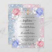 Blauwe roze zilveruitnodiging voor een baptismejon (Voorkant / Achterkant)