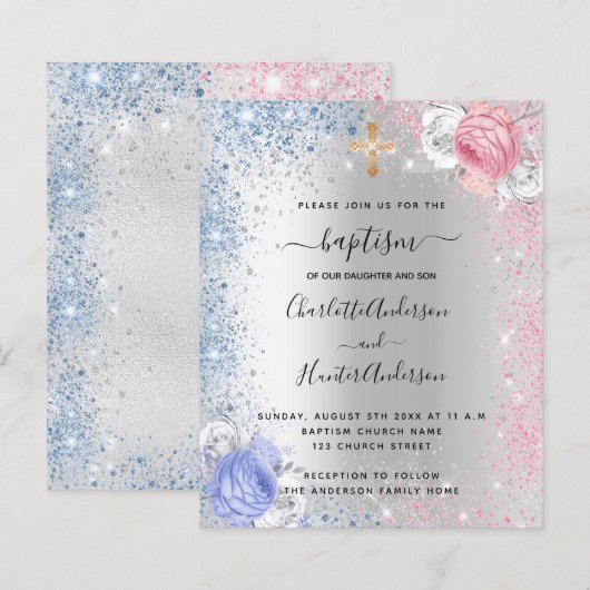 Blauwe roze zilveruitnodiging voor een baptismejon (Voorkant / Achterkant)