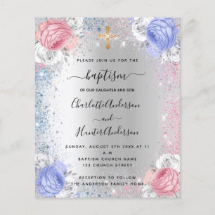Blauwe roze zilveruitnodiging voor een baptismejon flyer