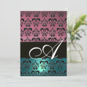 BLAUWE ROZE ZWARTE DAMASK MONOGRAM ,helder wit Kaart (Staand voorkant)