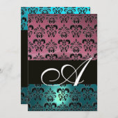 BLAUWE ROZE ZWARTE DAMASK MONOGRAM ,helder wit Kaart (Voorkant / Achterkant)