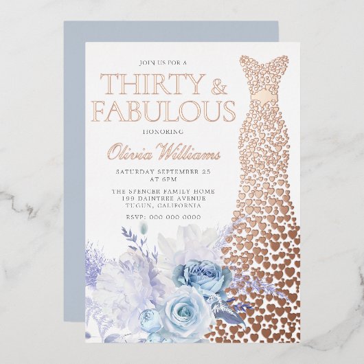 Blauwe Rozen 30e Verjaardag Roos Gold Folie Uitnodiging (Voorkant / Achterkant)