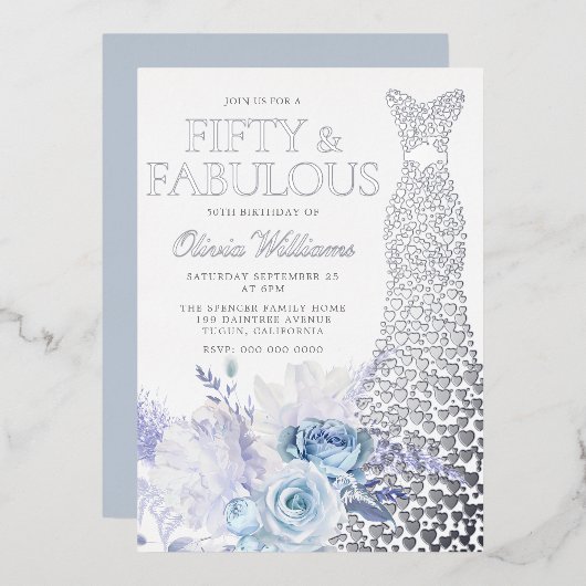Blauwe Rozen 50ste Verjaardagsfeestje Zilver Folie Uitnodiging (Voorkant / Achterkant)