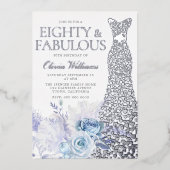 Blauwe Rozen 80ste Verjaardagsfeestje Zilver Folie Uitnodiging (Voorkant)