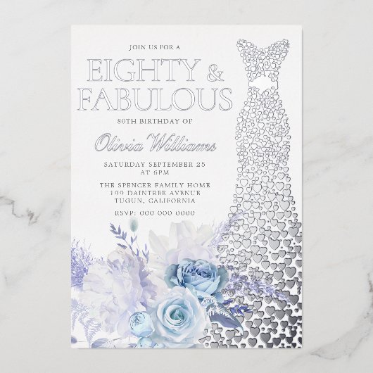 Blauwe Rozen 80ste Verjaardagsfeestje Zilver Folie Uitnodiging (Voorkant)