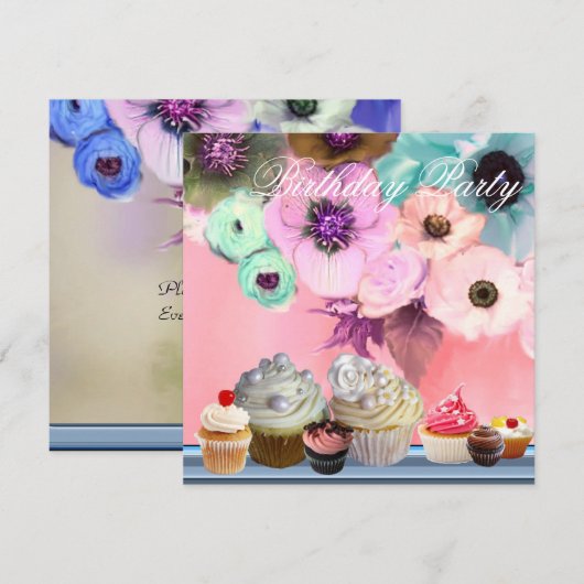 BLAUWE ROZEN ANEMONE FLOWERS AND CUPCAKES Birthday Kaart (Voorkant / Achterkant)