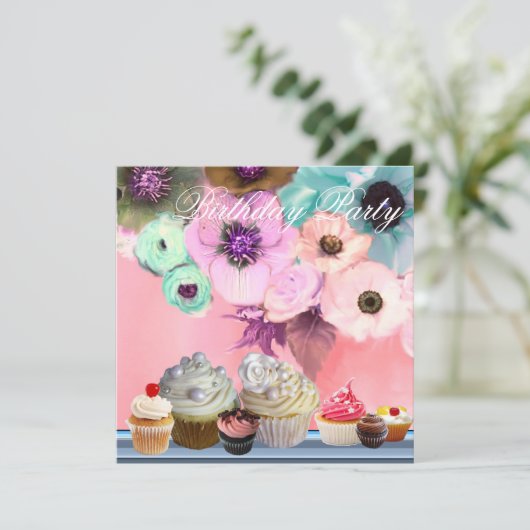 BLAUWE ROZEN ANEMONE FLOWERS AND CUPCAKES Birthday Kaart (Staand voorkant)