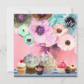 BLAUWE ROZEN ANEMONE FLOWERS AND CUPCAKES Birthday Kaart (Voorkant)