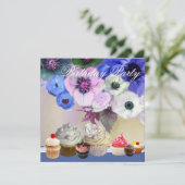 BLAUWE ROZEN ANEMONE FLOWERS AND CUPCAKES Birthday Kaart (Staand voorkant)