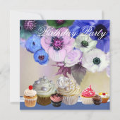 BLAUWE ROZEN ANEMONE FLOWERS AND CUPCAKES Birthday Kaart (Voorkant)
