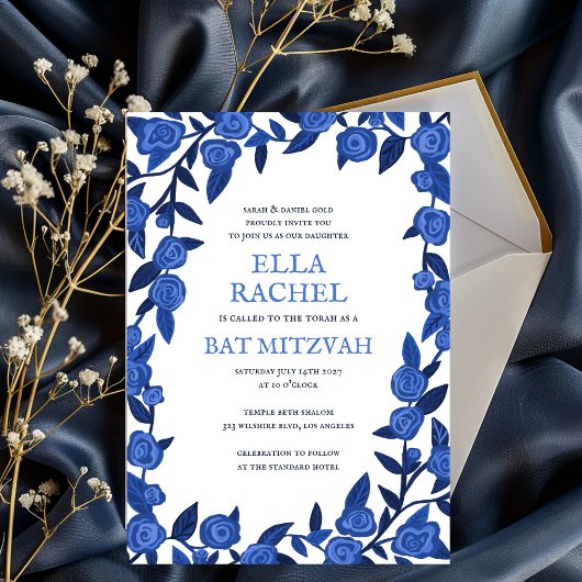 Blauwe Rozen Bat Bar Mitzvah Modern Meisje Custom Kaart