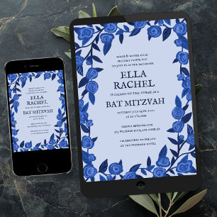 Blauwe Rozen Bat Bar Mitzvah Modern Meisje Custom Kaart
