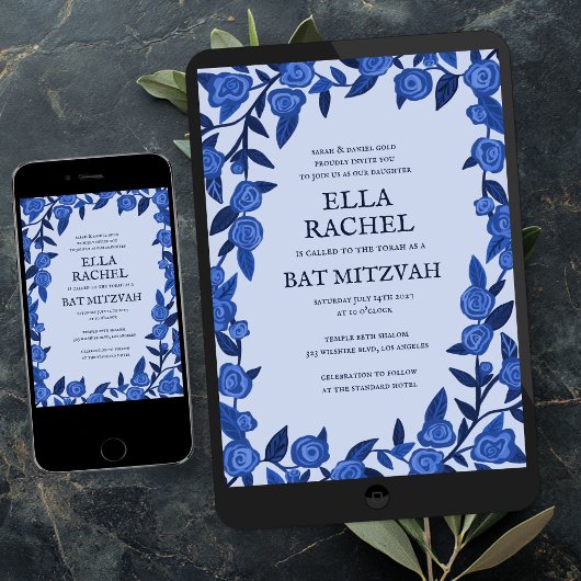 Blauwe Rozen Bat Bar Mitzvah Modern Meisje Custom Kaart