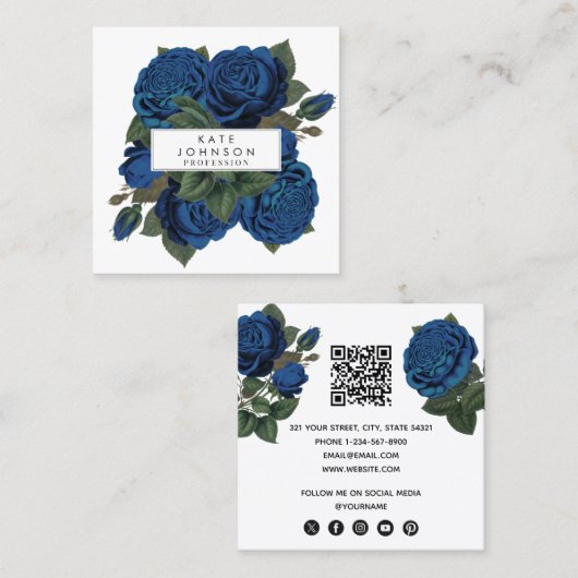 Blauwe Rozen Bloembloemen QR Code Vierkante Visitekaartje (Voorkant / Achterkant)