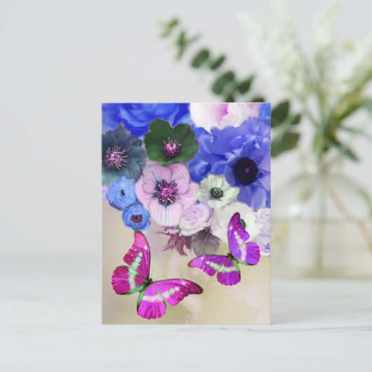 BLAUWE ROZEN, BLOEMEN EN VLINDERS, Bloemenpaasfees Briefkaart (Staand voorkant)