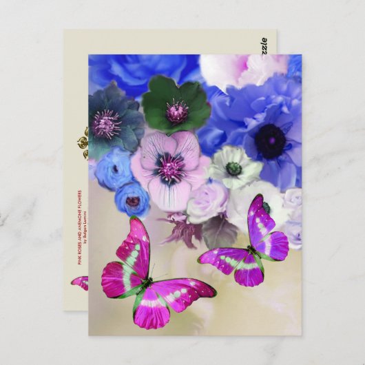 BLAUWE ROZEN, BLOEMEN EN VLINDERS, Bloemenpaasfees Briefkaart (Voorkant / Achterkant)