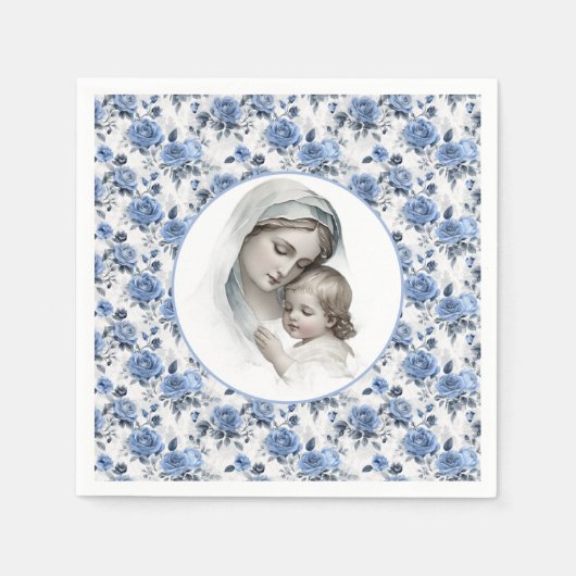Blauwe Rozen Bloemen Maria en Kind Jezus Servet (Voorkant)
