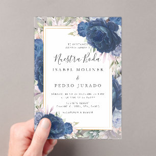 Blauwe Rozen Bloemen Nuestra Boda Spaans Bruiloft Acryl Uitnodigingen