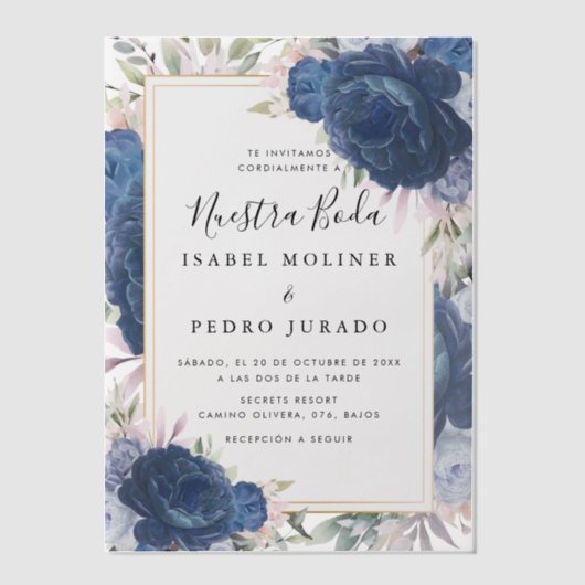 Blauwe Rozen Bloemen Nuestra Boda Spaans Bruiloft Vellum Uitnodigingen (Voorkant)