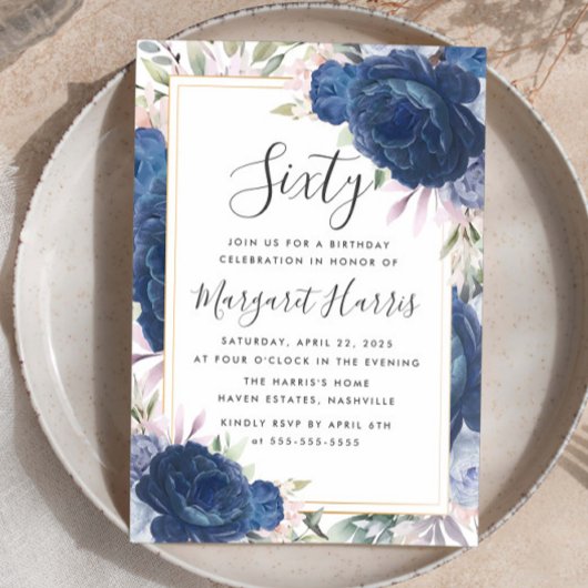 Blauwe Rozen Bloemengoud Lijst 60ste Verjaardag Kaart