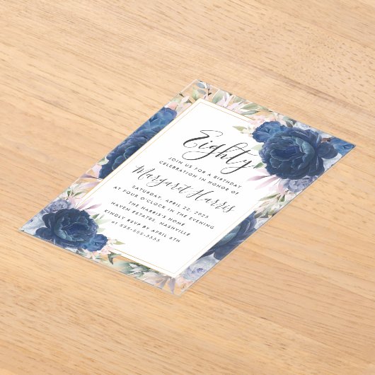 Blauwe Rozen Bloemengoud Lijst 80ste tachtigjarig Acryl Uitnodigingen (Laagn)