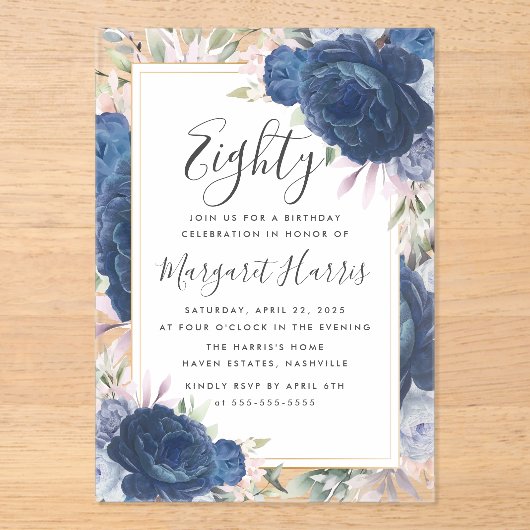 Blauwe Rozen Bloemengoud Lijst 80ste tachtigjarig Acryl Uitnodigingen (Voorkant)