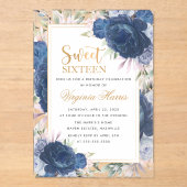 Blauwe Rozen Bloemenzoet Zestien 16 Verjaardag Acryl Uitnodigingen (Voorkant)