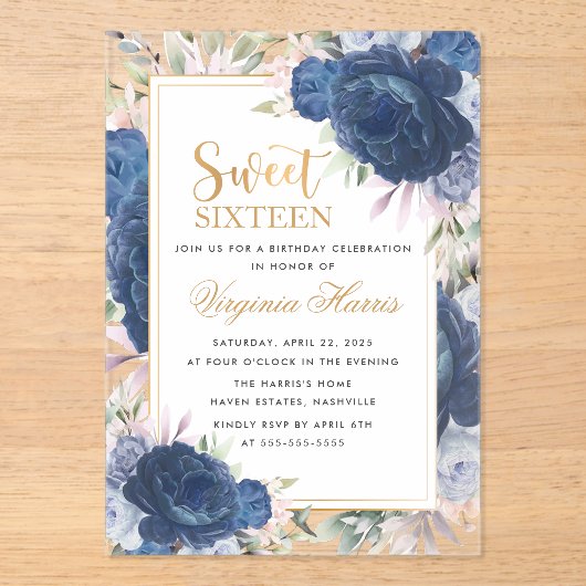 Blauwe Rozen Bloemenzoet Zestien 16 Verjaardag Acryl Uitnodigingen (Voorkant)
