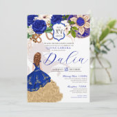 Blauwe Rozen Bloemige Westerse Charro Quinceañera Kaart (Staand voorkant)