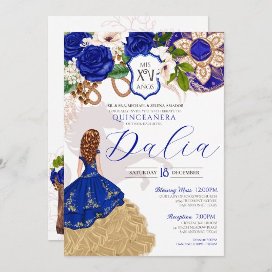 Blauwe Rozen Bloemige Westerse Charro Quinceañera Kaart (Voorkant / Achterkant)