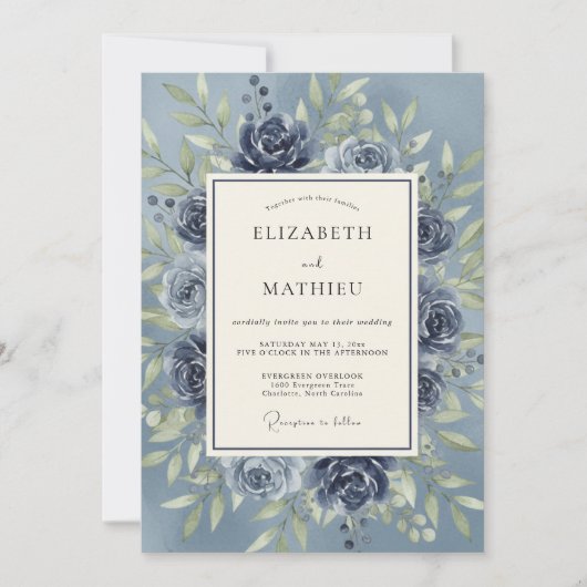 Blauwe Rozen Botanische Romantische Bruiloft Kaart (Voorkant)