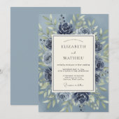 Blauwe Rozen Botanische Romantische Bruiloft Kaart (Voorkant / Achterkant)